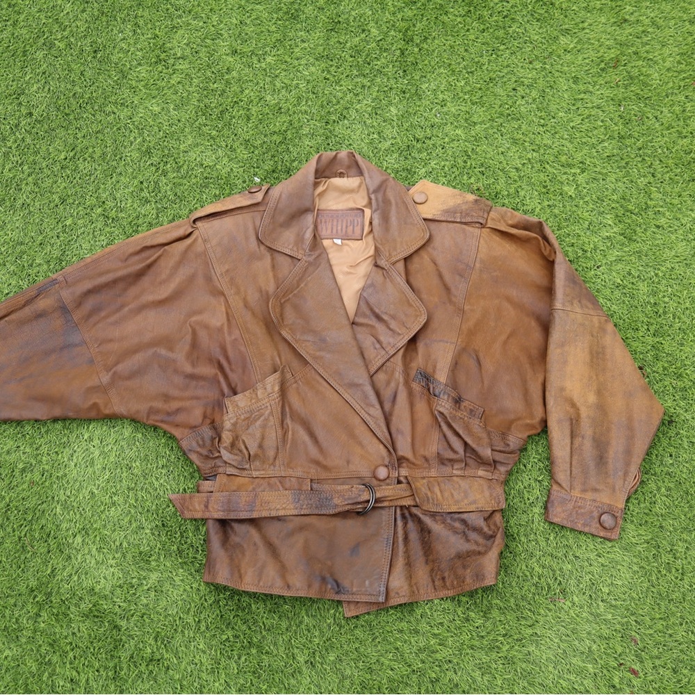 h.i.p. Tan Leather Jacket with Belted Waist